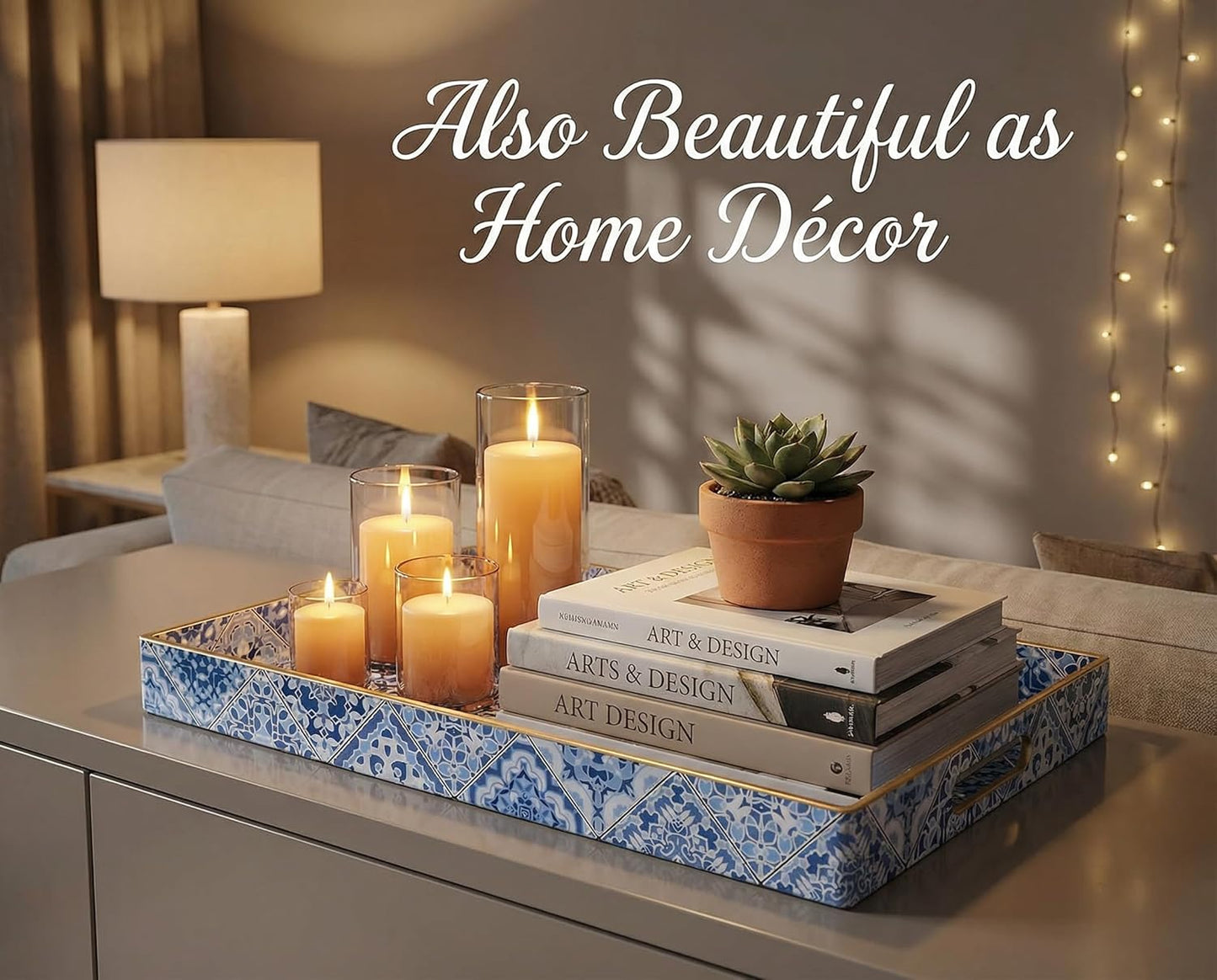 Heaven4you Luxury Premium Mosaic Decorative Serving Tray with Handles – Mediterranean, Gold Edge