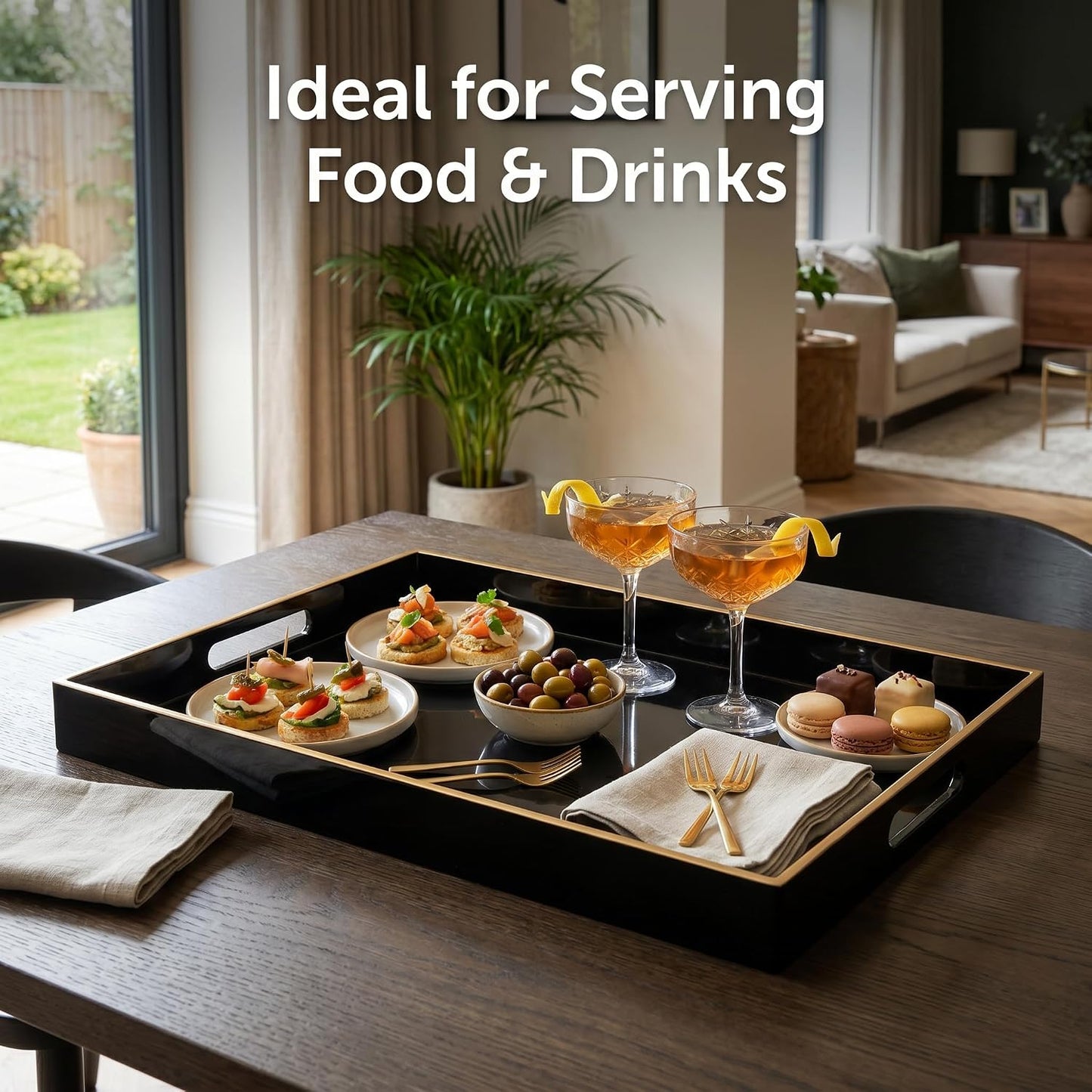Heaven4you Premium Luxury Decorative Rectangular Serving Tray with Handles – Gloss Black & Gold, 40x30cm