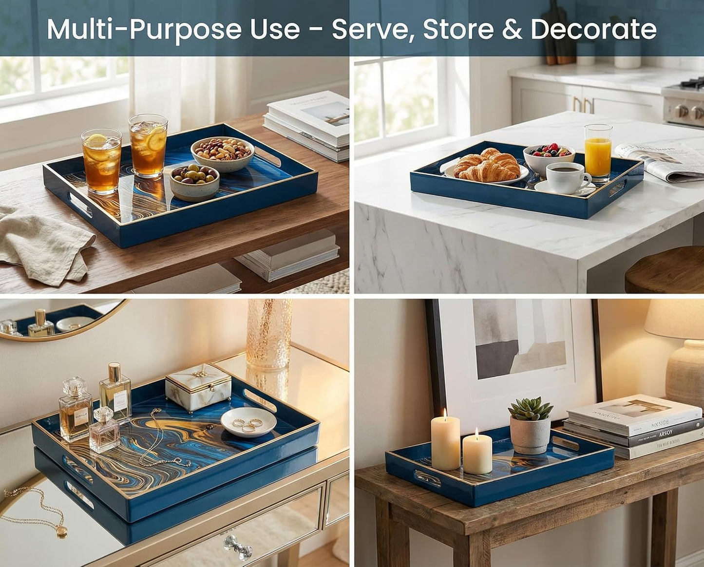Heaven4you Premium Luxury Decorative Rectangular Serving Tray with Handles – Gloss Blue Marble & Gold, 40x30cm