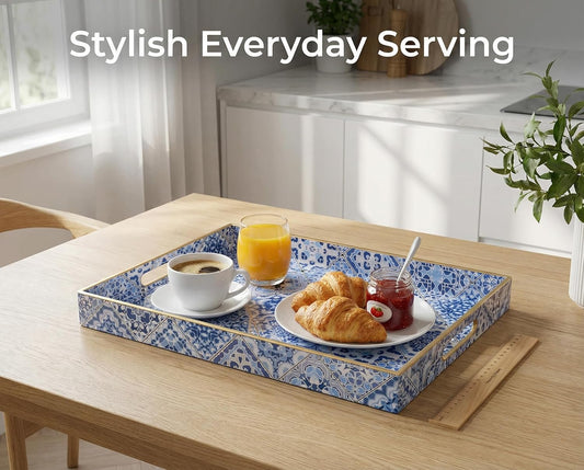 Heaven4you Luxury Premium Mosaic Decorative Serving Tray with Handles – Mediterranean, Gold Edge