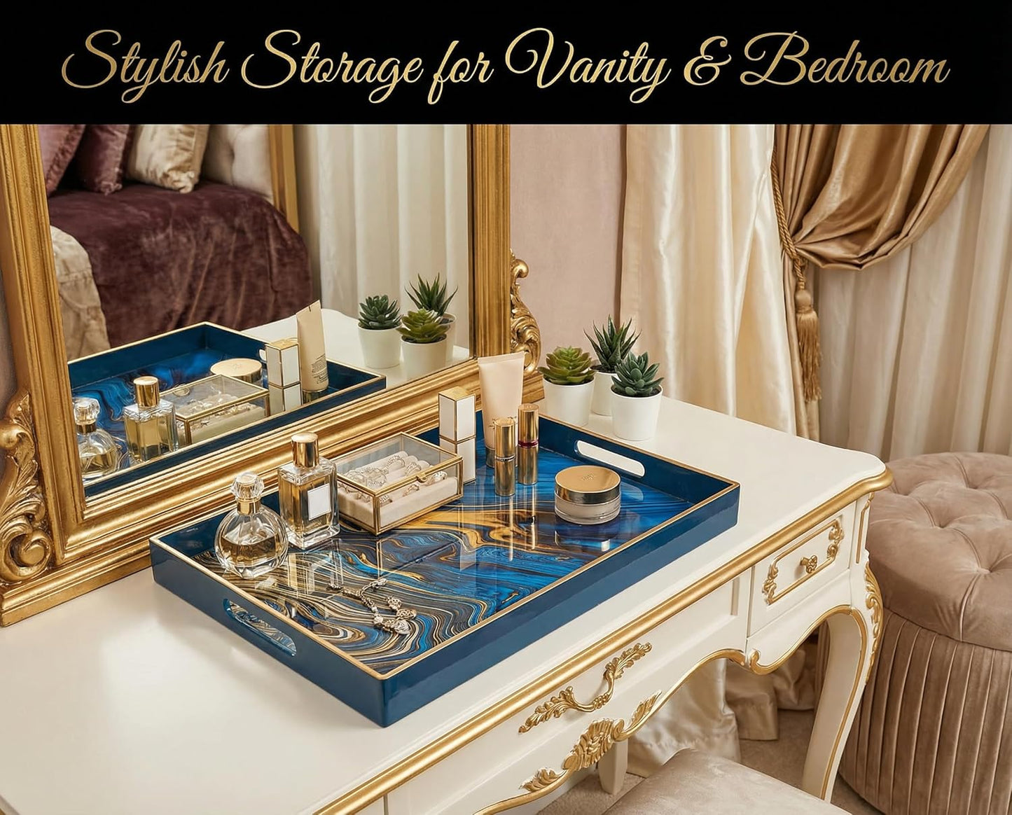Heaven4you Premium Luxury Decorative Rectangular Serving Tray with Handles – Gloss Blue Marble & Gold, 40x30cm