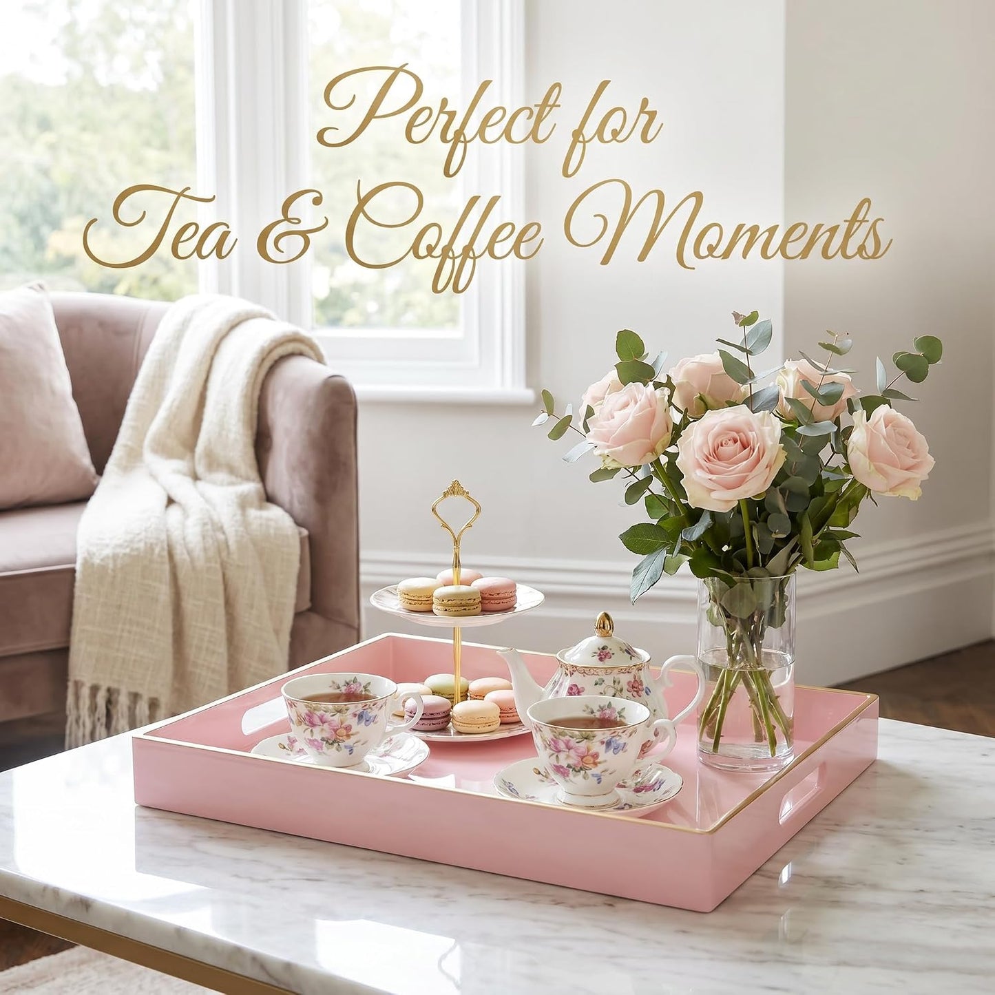 Heaven4you Premium Luxury Decorative Rectangular Serving Tray with Handles – Gloss Pink & Gold, 40x30cm