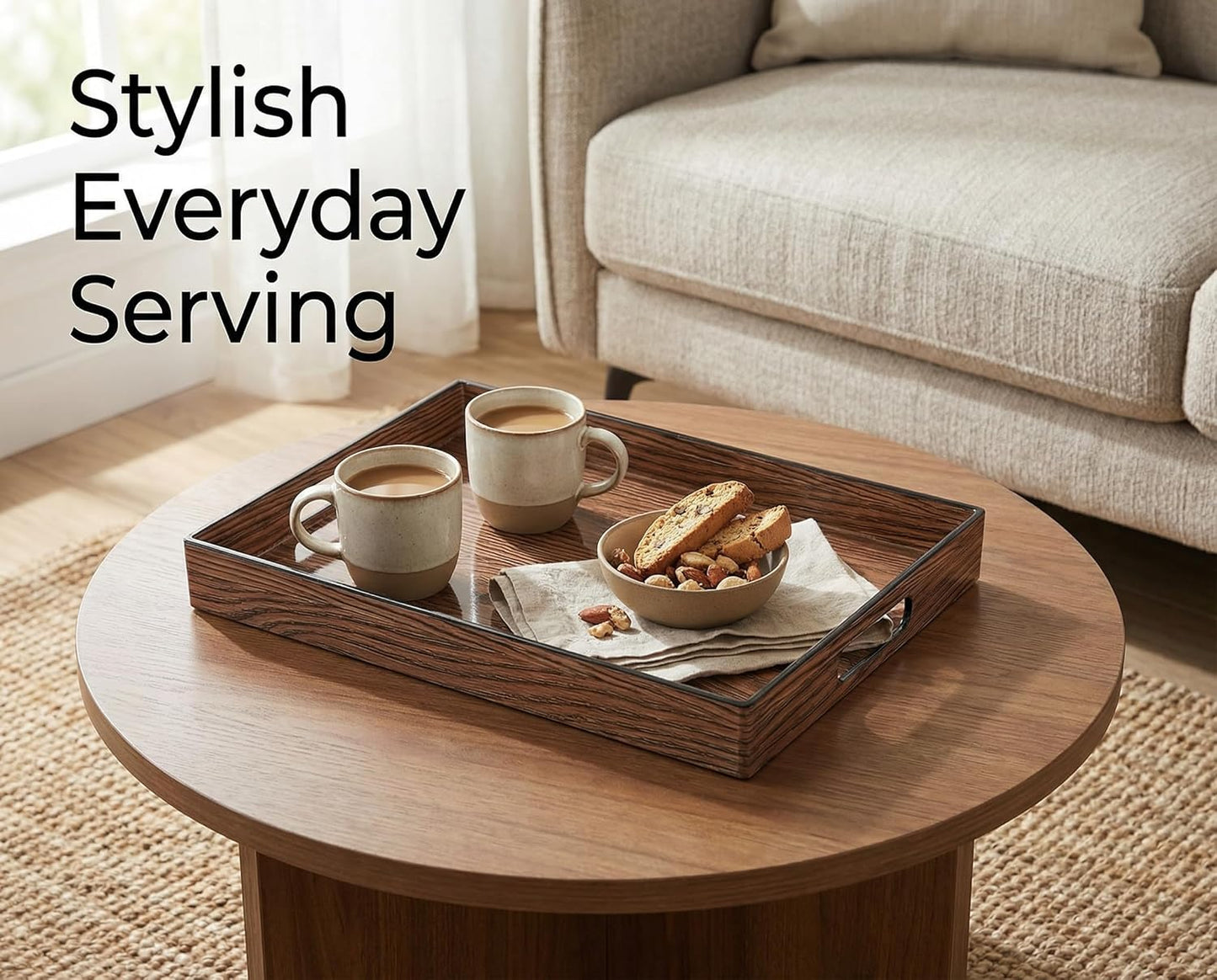 Heaven4you Luxury Decorative Rectangular Serving Tray with Handles – Gloss Rustic Wood & Gold, 40x30cm