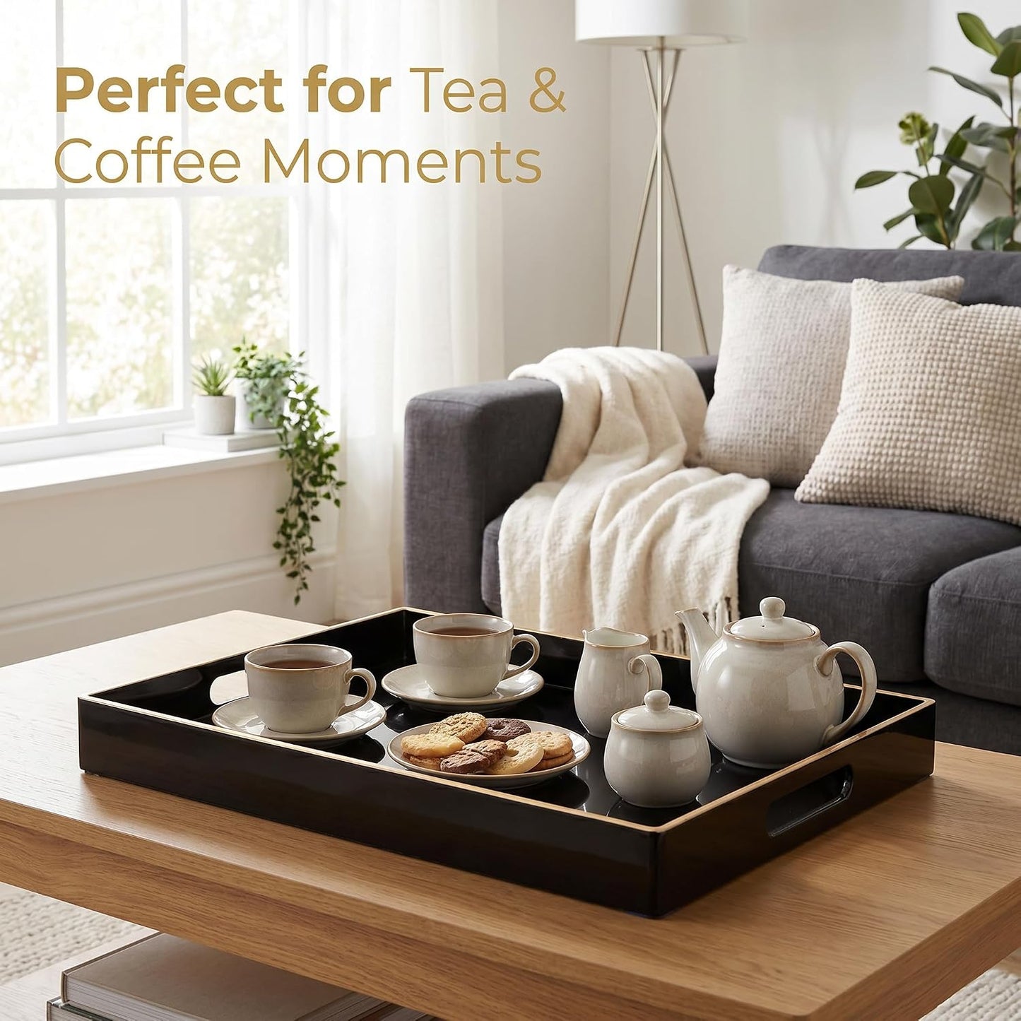 Heaven4you Premium Luxury Decorative Rectangular Serving Tray with Handles – Gloss Black & Gold, 40x30cm