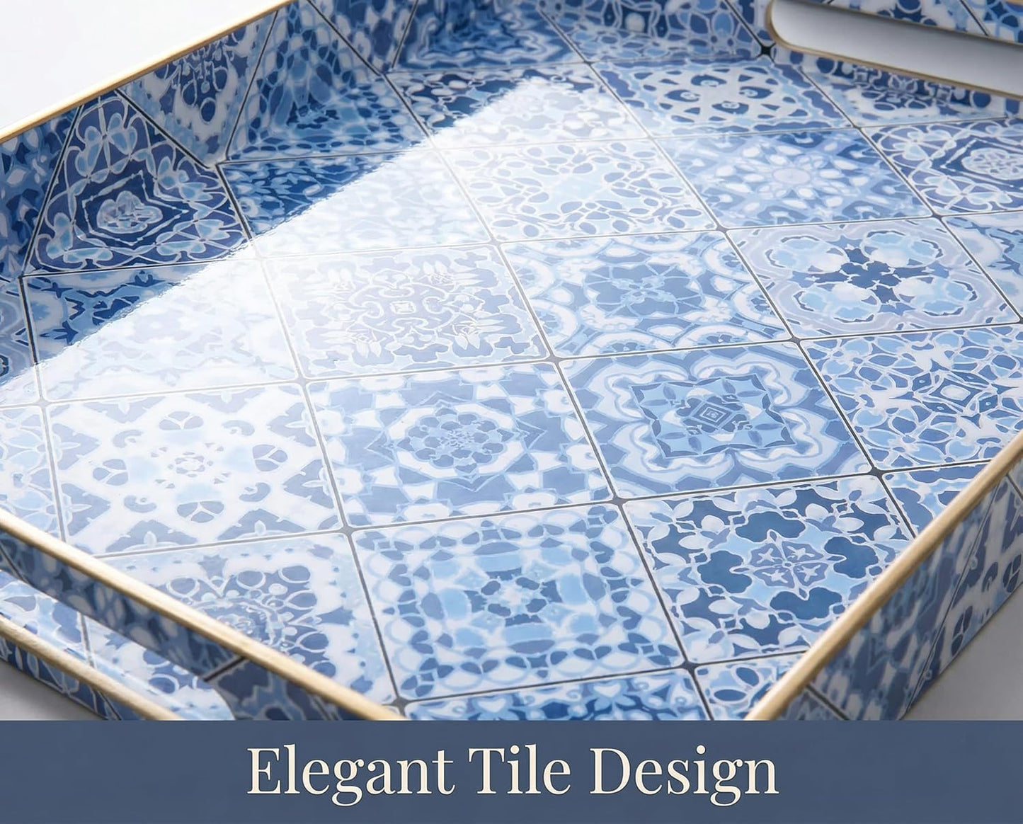 Heaven4you Luxury Premium Mosaic Decorative Serving Tray with Handles – Mediterranean, Gold Edge