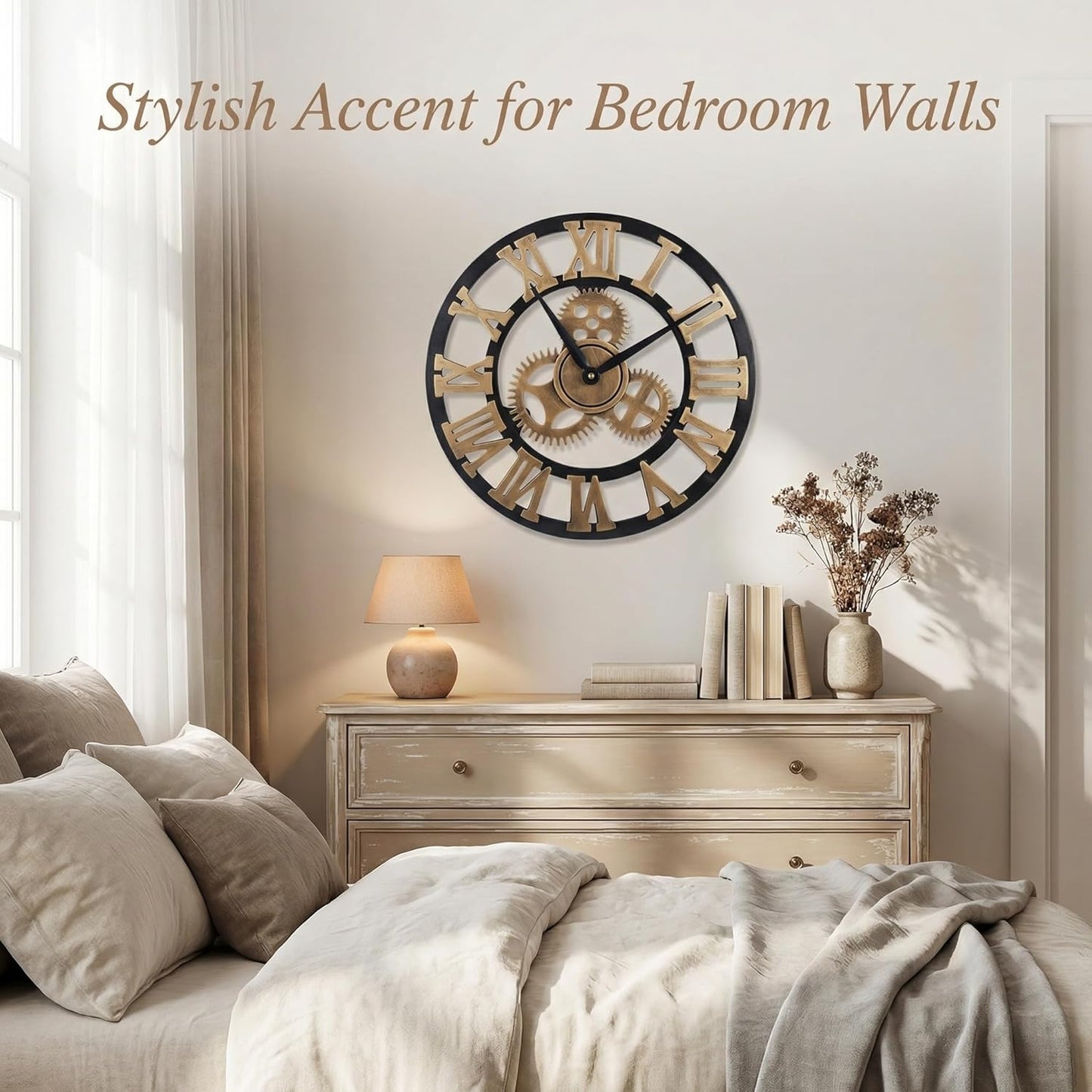 Heaven4you Large Roman Numeral Wall Clock – Open Face Wood Round, 60cm Gold