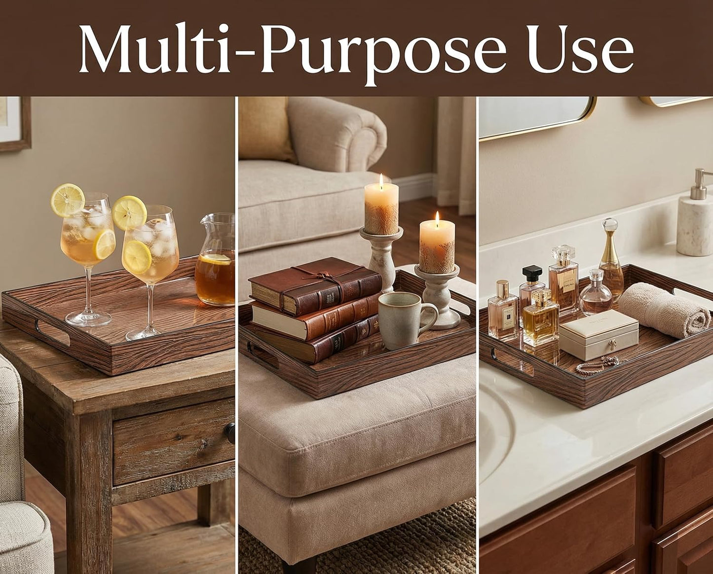 Heaven4you Luxury Decorative Rectangular Serving Tray with Handles – Gloss Rustic Wood & Gold, 40x30cm