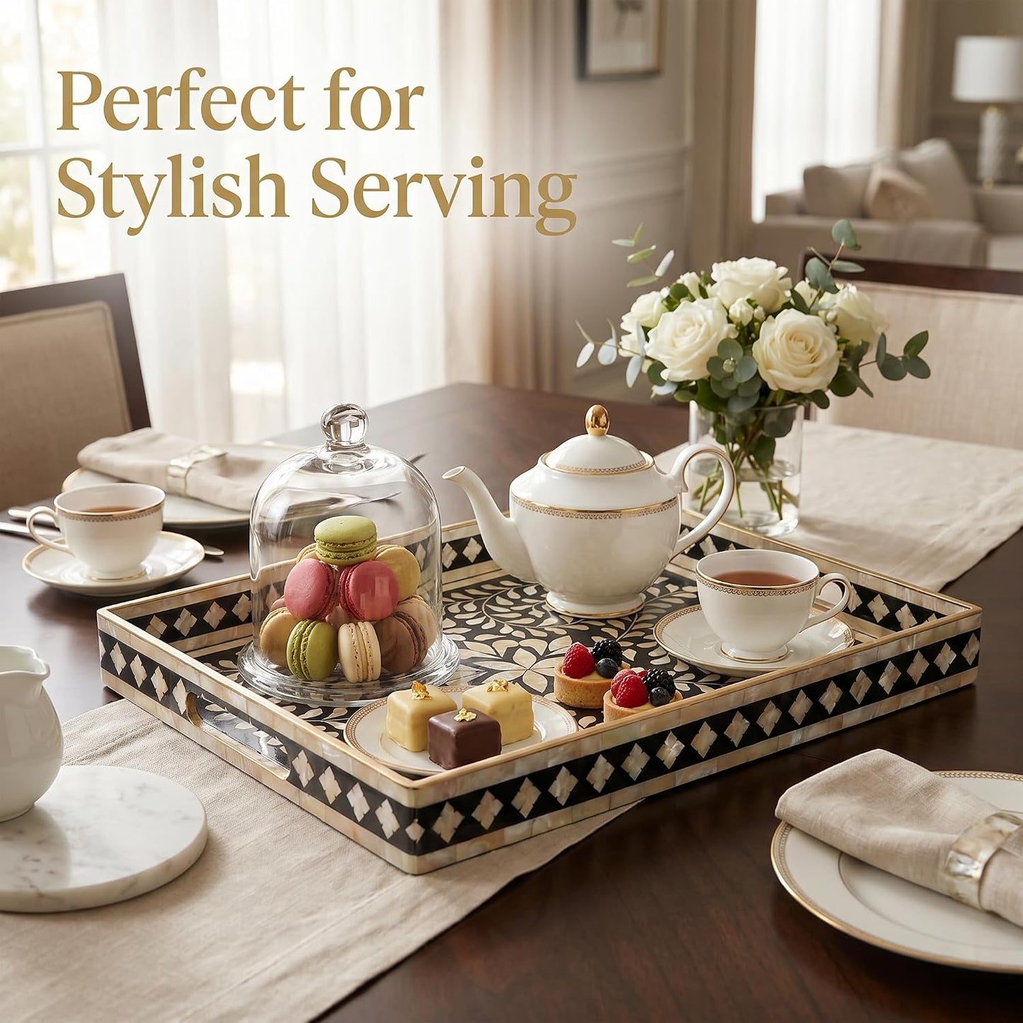 Heaven4you Premium Luxury Decorative Rectangular Serving Tray with Handles – Gloss Black Floral & Gold, 40x30cm