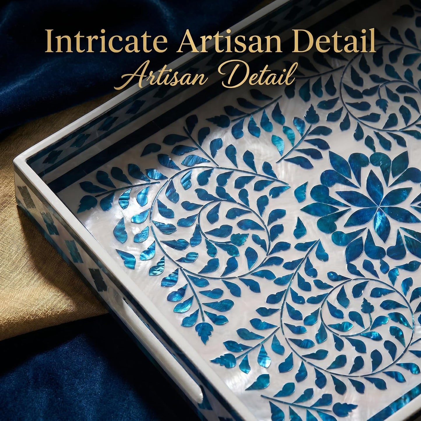 Heaven4you Premium Luxury Decorative Rectangular Serving Tray with Handles – Gloss Blue Floral & Gold, 40x30cm