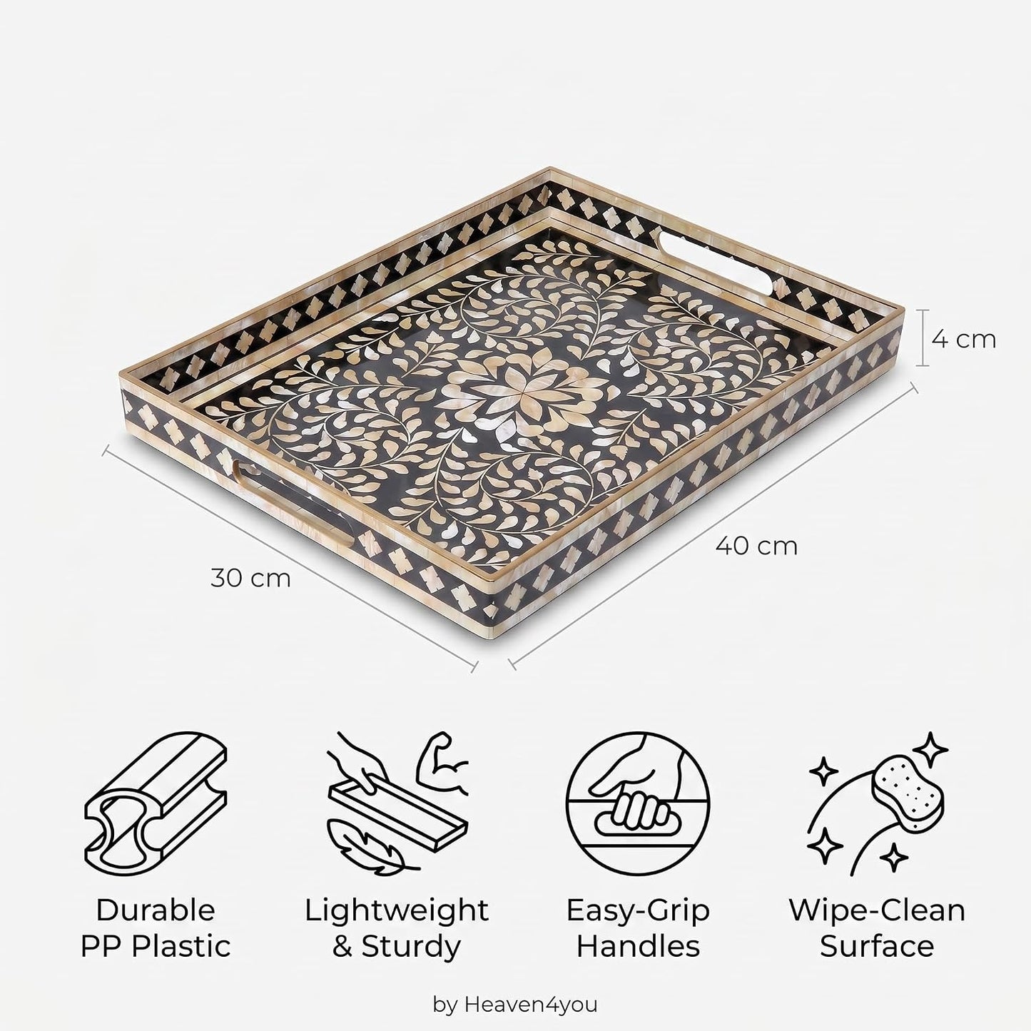 Heaven4you Premium Luxury Decorative Rectangular Serving Tray with Handles – Gloss Black Floral & Gold, 40x30cm