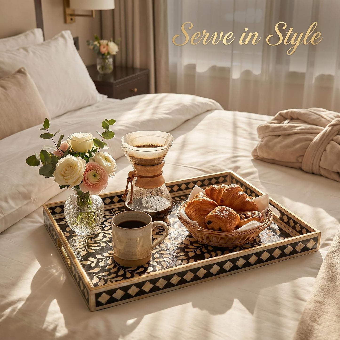 Heaven4you Premium Luxury Decorative Rectangular Serving Tray with Handles – Gloss Black Floral & Gold, 40x30cm