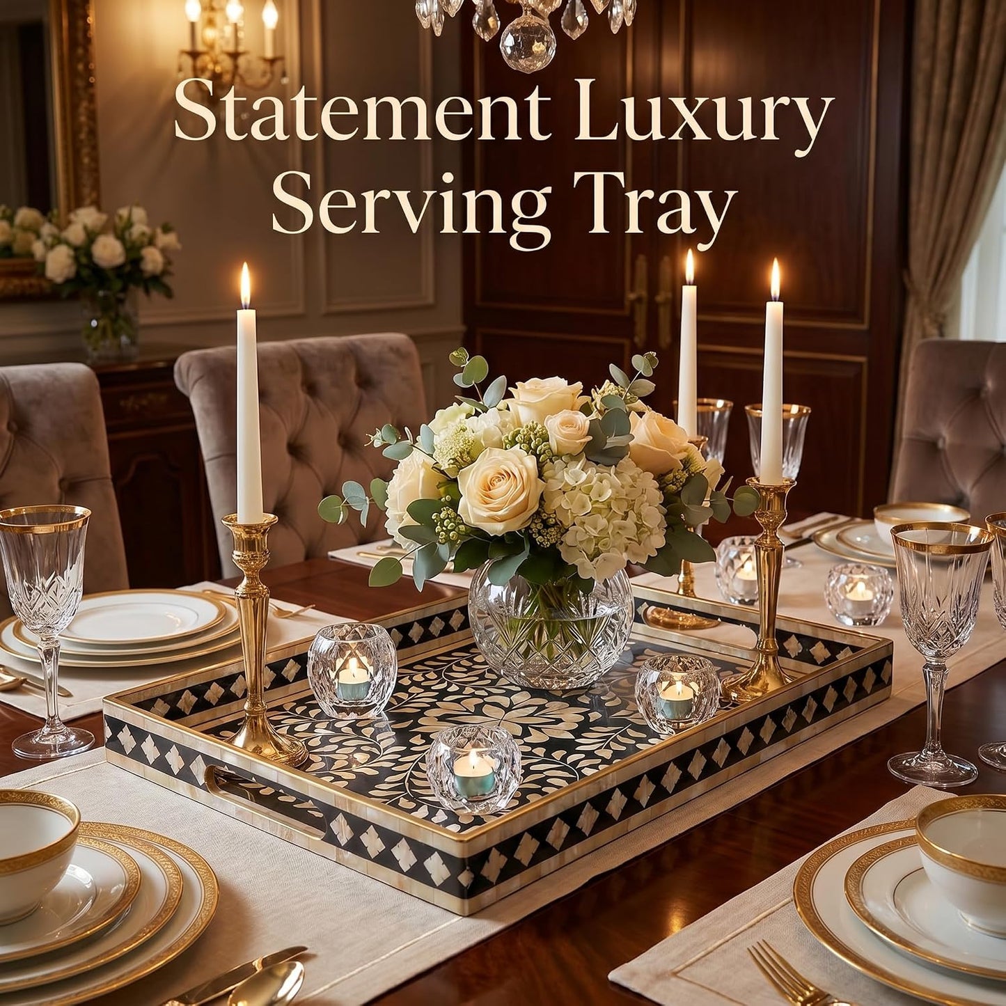 Heaven4you Premium Luxury Decorative Rectangular Serving Tray with Handles – Gloss Black Floral & Gold, 40x30cm