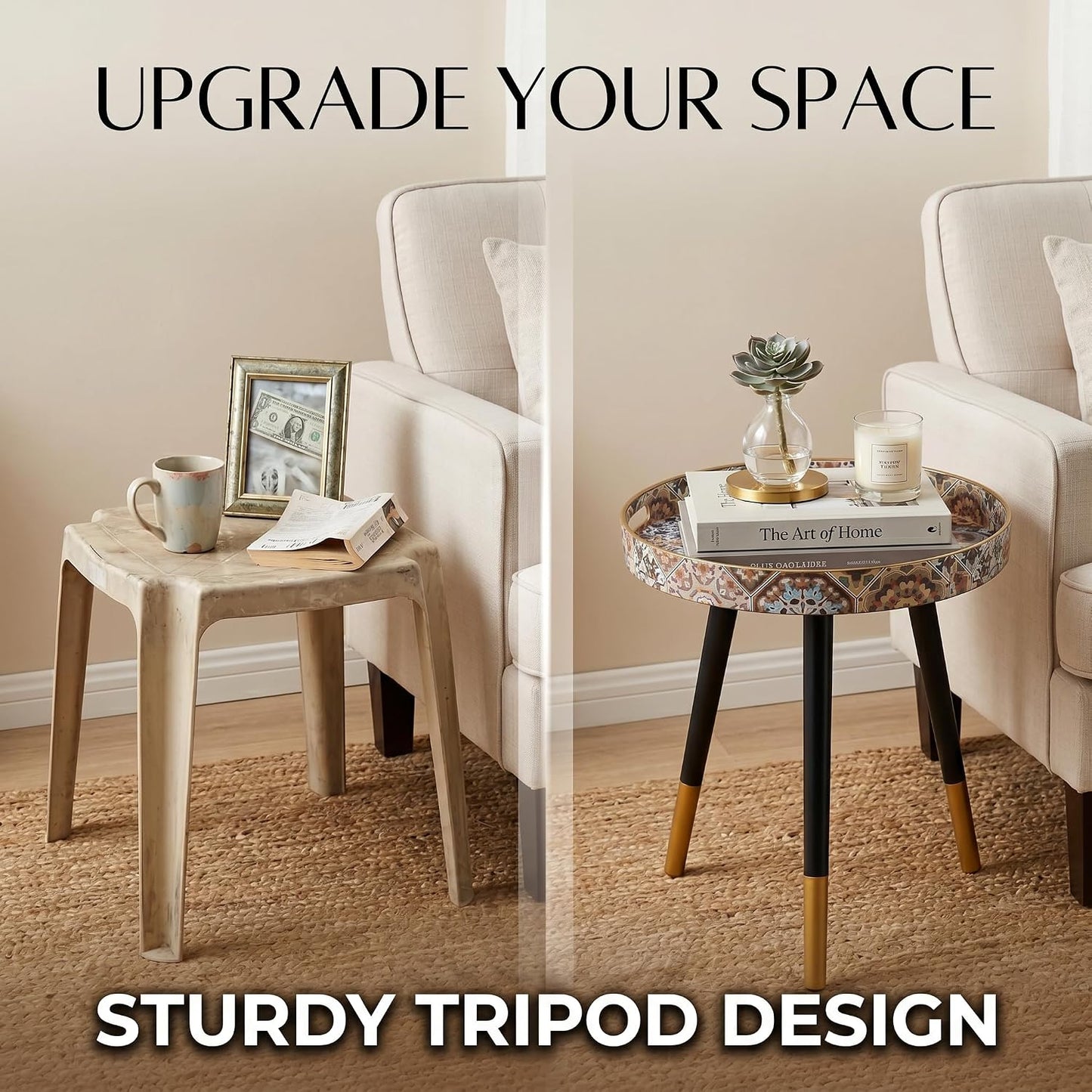 Heaven4you Round Bedside End Table – Boho Mosaic 2 Mandala Pattern, Natural Wooden Legs