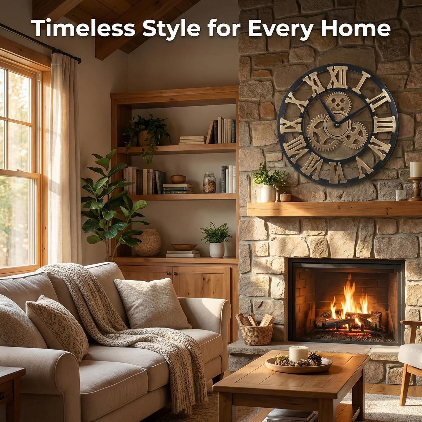 Heaven4you Large Roman Numeral Wall Clock – Open Face Wood Round, 60cm Gold