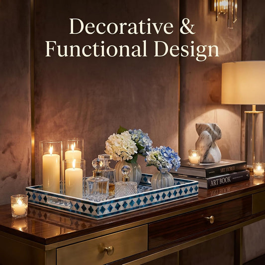 Heaven4you Premium Luxury Decorative Rectangular Serving Tray with Handles – Gloss Blue Floral & Gold, 40x30cm