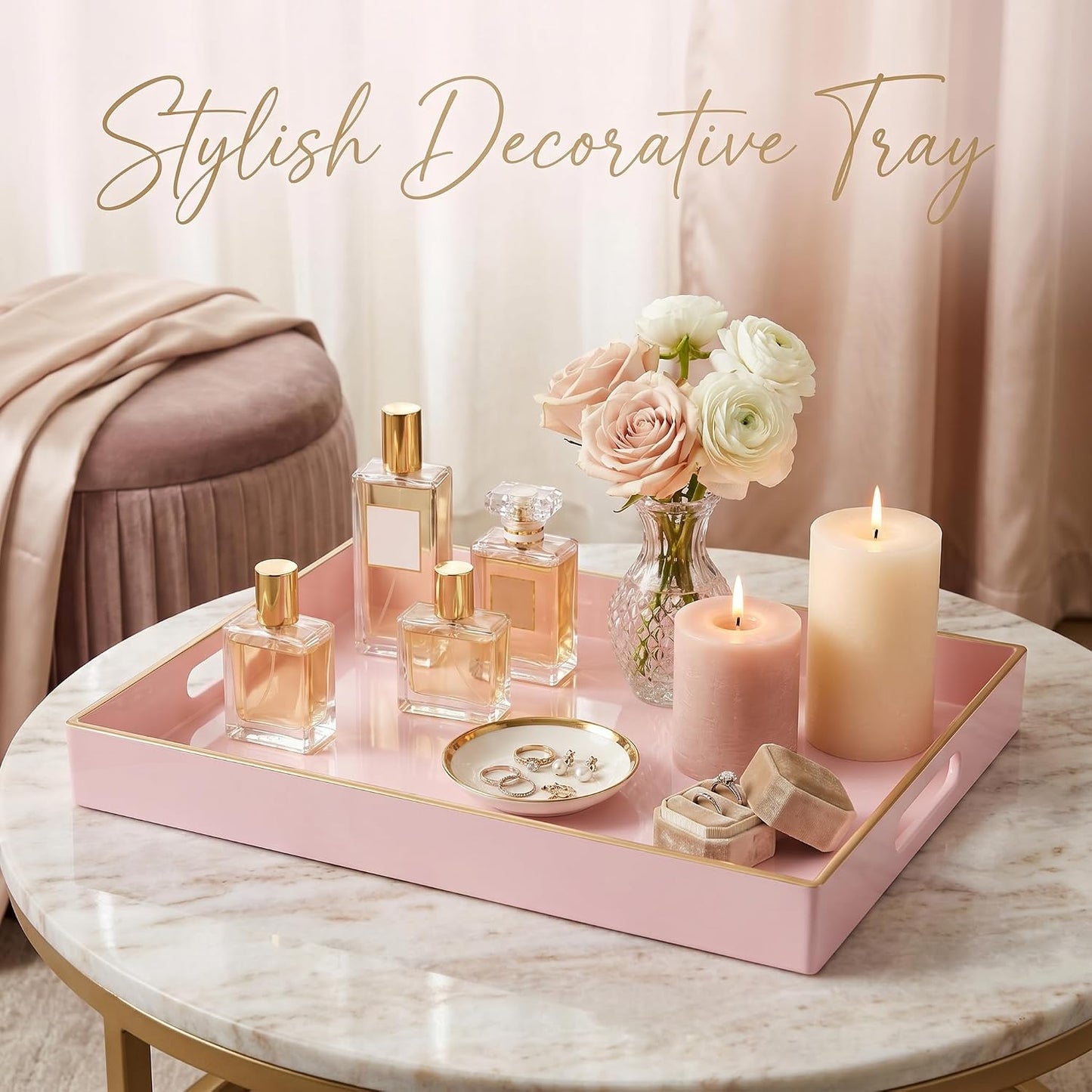 Heaven4you Premium Luxury Decorative Rectangular Serving Tray with Handles – Gloss Pink & Gold, 40x30cm