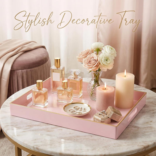 Heaven4you Premium Luxury Decorative Rectangular Serving Tray with Handles – Gloss Pink & Gold, 40x30cm