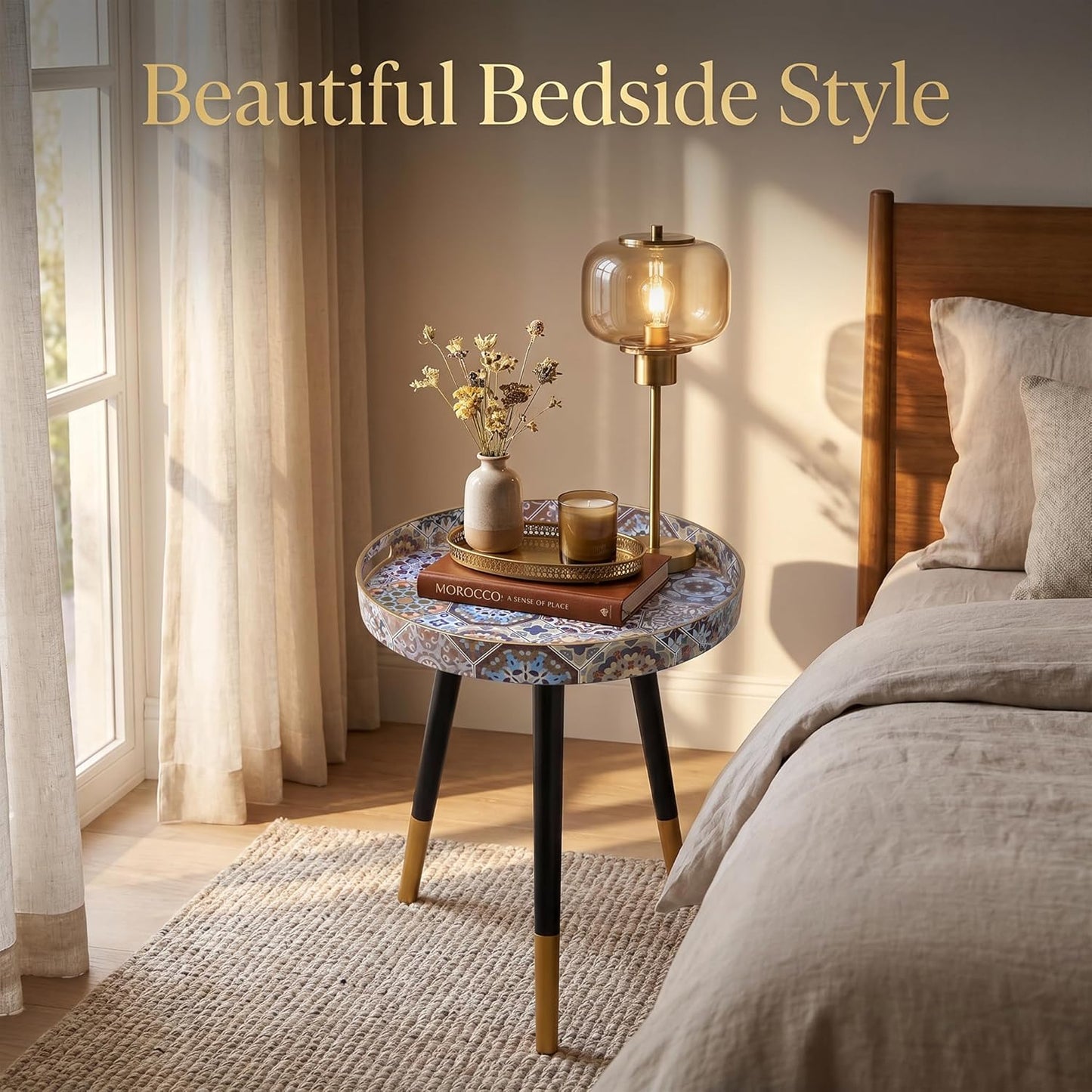 Heaven4you Round Bedside End Table – Boho Mosaic 2 Mandala Pattern, Natural Wooden Legs