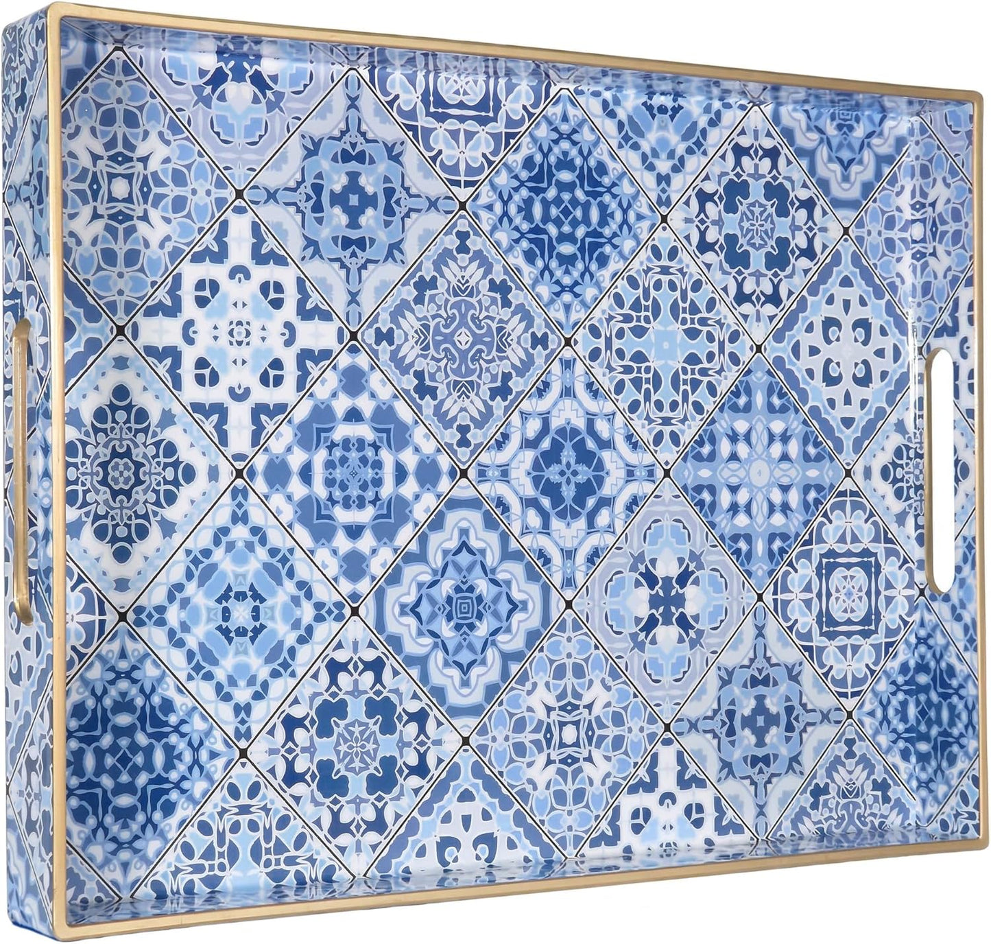 Heaven4you Luxury Premium Mosaic Decorative Serving Tray with Handles – Mediterranean, Gold Edge