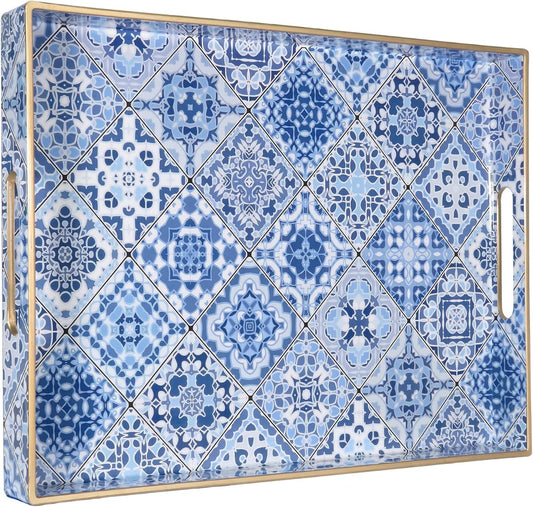 Heaven4you Luxury Premium Mosaic Decorative Serving Tray with Handles – Mediterranean, Gold Edge