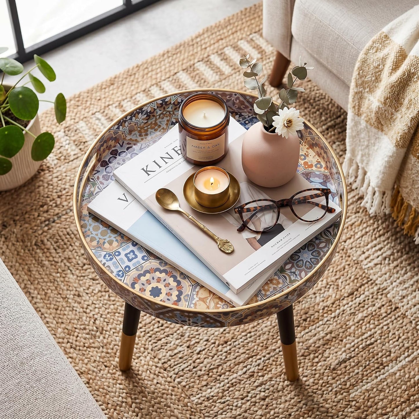 Heaven4you Round Bedside End Table – Boho Mosaic 2 Mandala Pattern, Natural Wooden Legs