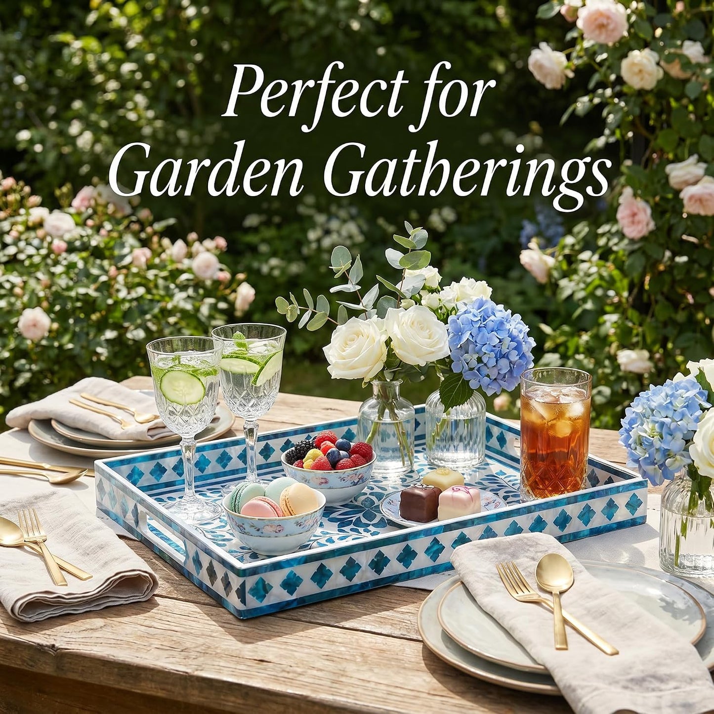 Heaven4you Premium Luxury Decorative Rectangular Serving Tray with Handles – Gloss Blue Floral & Gold, 40x30cm