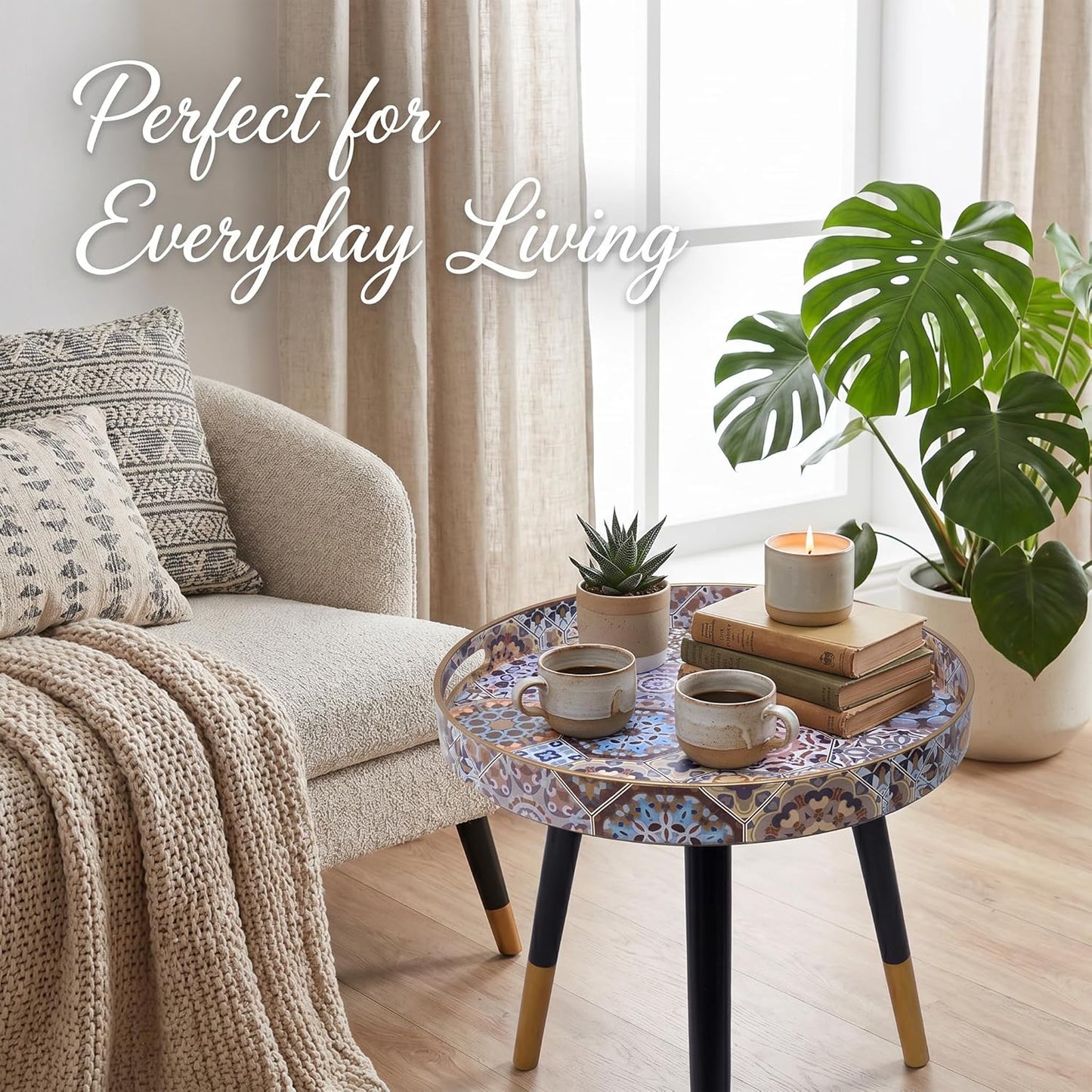 Heaven4you Round Bedside End Table – Boho Mosaic 2 Mandala Pattern, Natural Wooden Legs