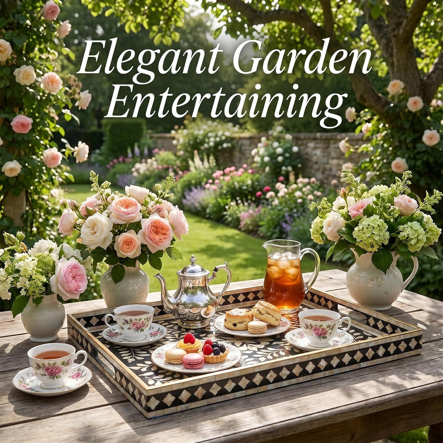 Heaven4you Premium Luxury Decorative Rectangular Serving Tray with Handles – Gloss Black Floral & Gold, 40x30cm