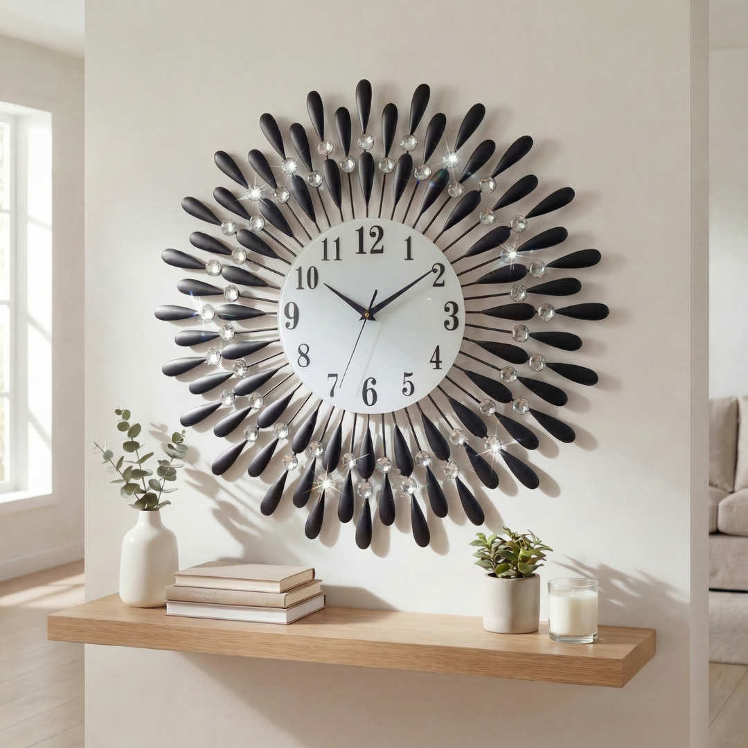 Heaven4you Large Diamond Jeweled Sunburst Wall Clock – Crystal 3D, 60cm Black