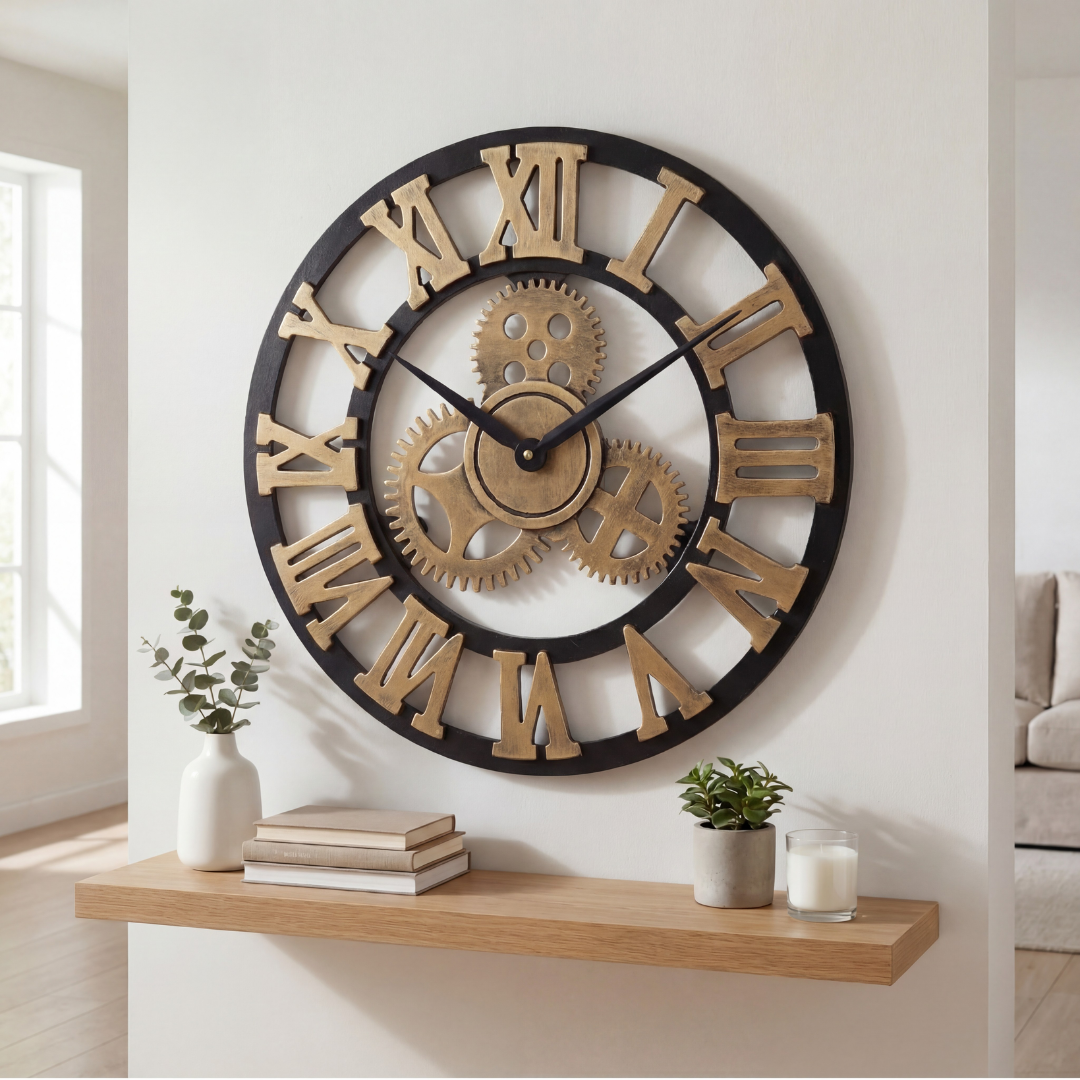 Heaven4you Large Roman Numeral Wall Clock – Open Face Wood Round, 60cm Gold